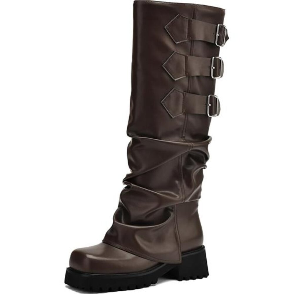 Knee High Boots for Women Fold Over Boots Slouchy Square Toe Biker